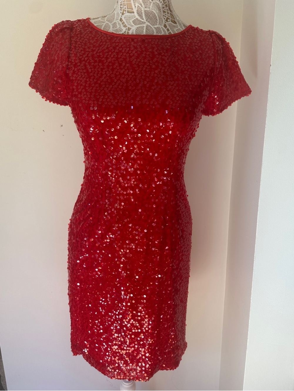 Tahari Red Sequin Mini Dress with Short Sleeves